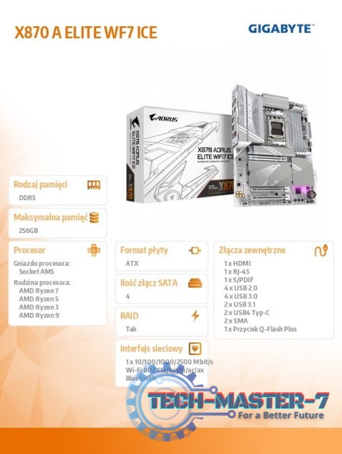 Płyta główna X870 A ELITE WF7 ICE AM 5 4DDR5 HDMI/USB-C ATX Płyta główna X870 A ELITE WF7 ICE AM 5 4DDR5 HDMI/USB-C ATX
