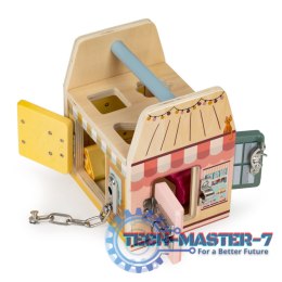 Drewniana kostka edukacyjna, sorter klockami cztery zamki, uchwyt ECOTOYS