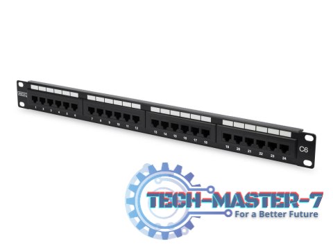 Patch panel 19" 24 porty, kat.6, U/UTP, 1U, wspornik kablowy, czarny (kompletny) Patch panel 19" 24 porty, kat.6, U/UTP, 1U, wspornik kablowy, czarny (kompletny)