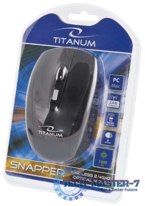 Mysz Titanum SNAPPER TM105K, Bezprzewodowa 2.4GHz, DPI 1000/1600, 6 przycisków, NANO odbiornik Mysz Titanum SNAPPER TM105K, Bezprzewodowa 2.4GHz, DPI 1000/1600, 6 przycisków, NANO odbiornik