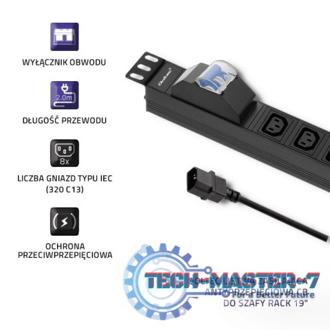 Listwa zasilająca do Rack 19cali | circuit breaker | 1U | 10A | PDU | 8xIEC C13 | 2m Listwa zasilająca do Rack 19cali | circuit breaker | 1U | 10A | PDU | 8xIEC C13 | 2m