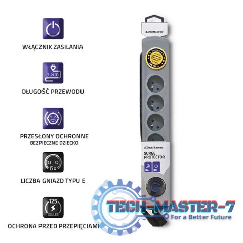 Listwa antyprzepięciowa Quick Switch, 6 gniazd, 1,8m, szara Listwa antyprzepięciowa Quick Switch, 6 gniazd, 1,8m, szara