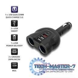 Samochodowy rozdzielacz gniazda zapalniczki 12-24V | 52W | 2.4A |2xUSB | USB QC 3.0 | USB-C PD | 2xgniazdo zapalniczki