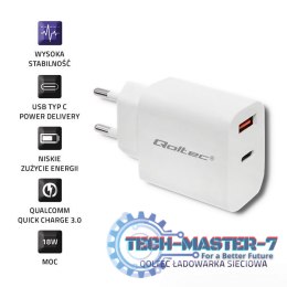 Ładowarka sieciowa | 18W | 5-12V | 1.5-3A | USB typ C PD | USB QC 3.0 | Biała