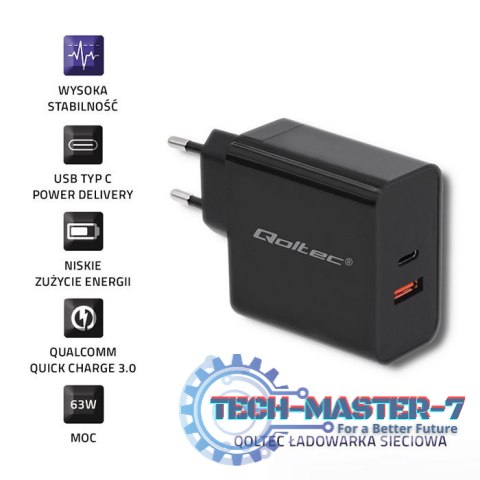 Ładowarka sieciowa | 63W | 5-20V | 1.5-3A | USB typ C PD | USB QC 3.0 | Czarna Ładowarka sieciowa | 63W | 5-20V | 1.5-3A | USB typ C PD | USB QC 3.0 | Czarna