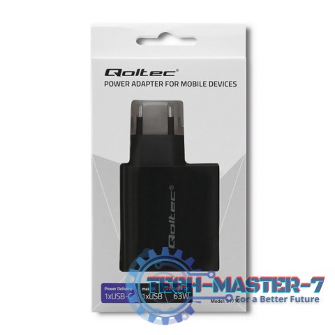 Ładowarka sieciowa | 63W | 5-20V | 1.5-3A | USB typ C PD | USB QC 3.0 | Czarna Ładowarka sieciowa | 63W | 5-20V | 1.5-3A | USB typ C PD | USB QC 3.0 | Czarna