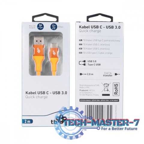 Kabel USB 3.0 - USB C 2m PREMIUM 3A pomarańczowy TPE Kabel USB 3.0 - USB C 2m PREMIUM 3A pomarańczowy TPE