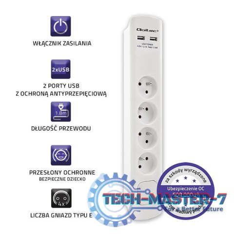 Listwa antyprzepięciowa | 4 gniazda | 2xUSB | 1.8m | Biała Listwa antyprzepięciowa | 4 gniazda | 2xUSB | 1.8m | Biała