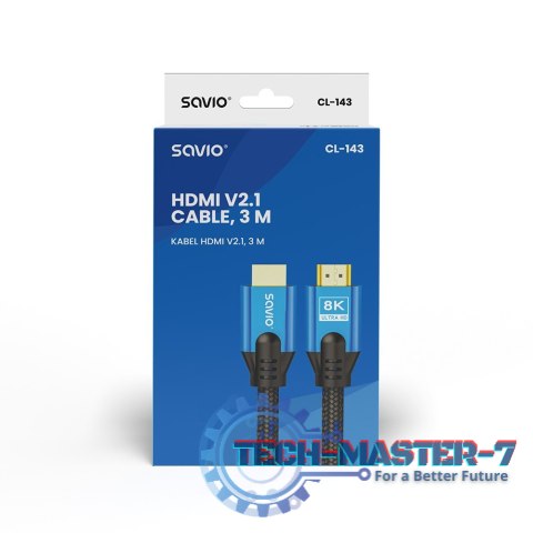 Kabel HDMI (M) v2.1, 3m, 8K, miedź, niebiesko-czarny, złote końcówki, ethernet/3D, CL-143 Kabel HDMI (M) v2.1, 3m, 8K, miedź, niebiesko-czarny, złote końcówki, ethernet/3D, CL-143