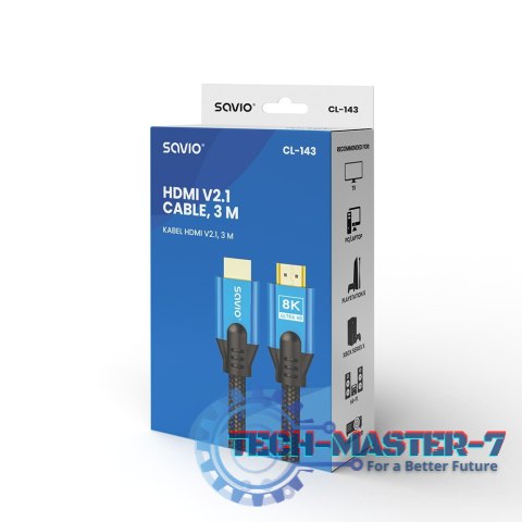 Kabel HDMI (M) v2.1, 3m, 8K, miedź, niebiesko-czarny, złote końcówki, ethernet/3D, CL-143 Kabel HDMI (M) v2.1, 3m, 8K, miedź, niebiesko-czarny, złote końcówki, ethernet/3D, CL-143