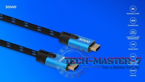 Kabel HDMI (M) v2.1, 3m, 8K, miedź, niebiesko-czarny, złote końcówki, ethernet/3D, CL-143 Kabel HDMI (M) v2.1, 3m, 8K, miedź, niebiesko-czarny, złote końcówki, ethernet/3D, CL-143