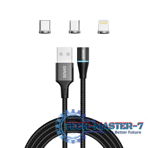 Kabel magnetyczny USB - USB typ C, Micro i Lightning, czarny, 1m, CL-152 Kabel magnetyczny USB - USB typ C, Micro i Lightning, czarny, 1m, CL-152