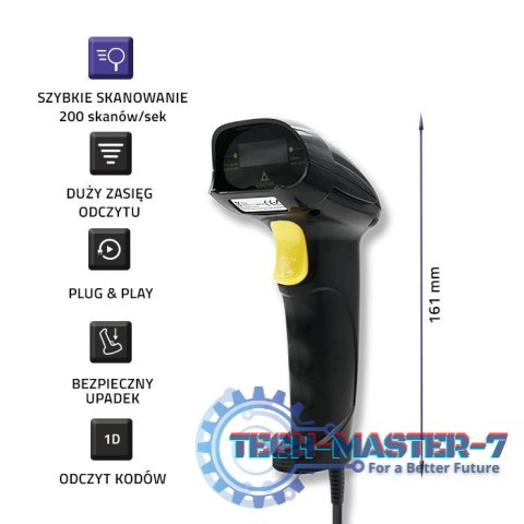 Laserowy czytnik kodów kreskowych 1D | USB | Czarny Laserowy czytnik kodów kreskowych 1D | USB | Czarny