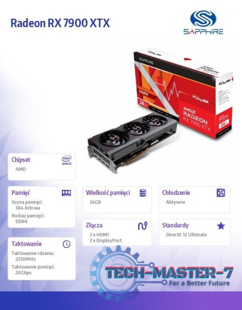 Karta graficzna Radeon RX 7900 XTX Pulse 24GB DDR6 384bit 2DP/2HDMI Karta graficzna Radeon RX 7900 XTX Pulse 24GB DDR6 384bit 2DP/2HDMI