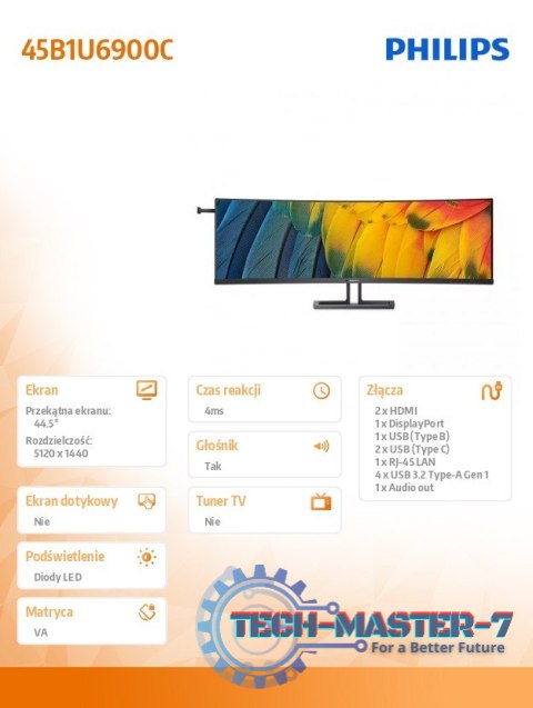 Monitor 45 cali 45B1U6900C VA Curved HDMIx2 DP USB-C HDR KVR HAS Głośniki Monitor 45 cali 45B1U6900C VA Curved HDMIx2 DP USB-C HDR KVR HAS Głośniki
