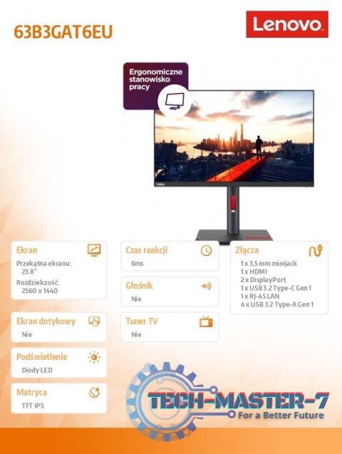 Monitor 23.8 cali ThinkVision P24h-30 WLED LCD 63B3GAT6EU Monitor 23.8 cali ThinkVision P24h-30 WLED LCD 63B3GAT6EU