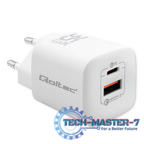 Ładowarka sieciowa 35W GaN ULTRA | 5-20V | 2.25-3A | 1 x USB typ C PD | 1 x USB | Biała Ładowarka sieciowa 35W GaN ULTRA | 5-20V | 2.25-3A | 1 x USB typ C PD | 1 x USB | Biała