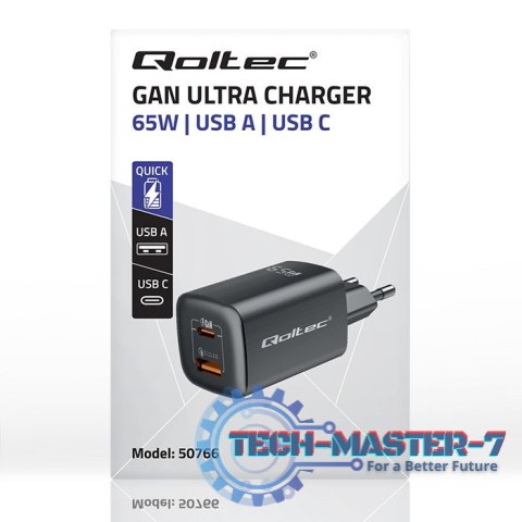 Ładowarka sieciowa 65W GaN ULTRA | 5-20V | 2.25-3.25A | 1 x USB typ C PD | 1 x USB | Czarna Ładowarka sieciowa 65W GaN ULTRA | 5-20V | 2.25-3.25A | 1 x USB typ C PD | 1 x USB | Czarna