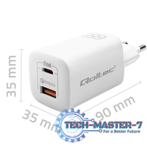 Ładowarka sieciowa 65W GaN ULTRA | 5-20V | 2.25-3.25A | 1 x USB typ C PD | 1 x USB QC 3.0 | Biała Ładowarka sieciowa 65W GaN ULTRA | 5-20V | 2.25-3.25A | 1 x USB typ C PD | 1 x USB QC 3.0 | Biała