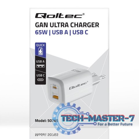 Ładowarka sieciowa 65W GaN ULTRA | 5-20V | 2.25-3.25A | 1 x USB typ C PD | 1 x USB QC 3.0 | Biała Ładowarka sieciowa 65W GaN ULTRA | 5-20V | 2.25-3.25A | 1 x USB typ C PD | 1 x USB QC 3.0 | Biała