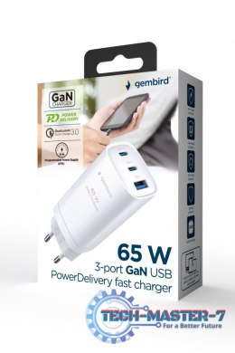 Ładowarka PowerDelivery 1xA 2xC GaN 65W Biała
