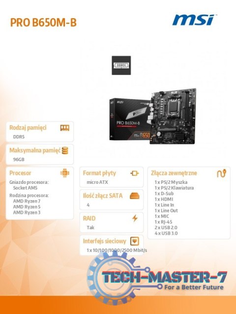 Płyta główna PRO B650M-B AM5 2DDR5 HDMI mATX Płyta główna PRO B650M-B AM5 2DDR5 HDMI mATX