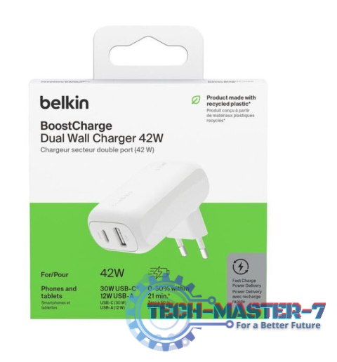Ładowarka sieciowa BoostCharge 42W USB-C 3 0W USB-A 12W biała Ładowarka sieciowa BoostCharge 42W USB-C 3 0W USB-A 12W biała