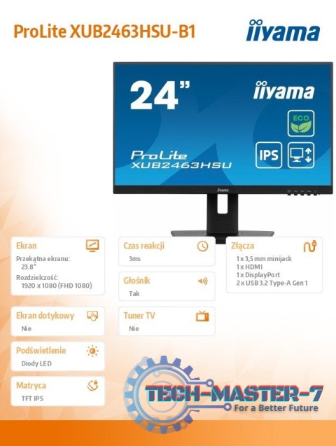 Monitor 23.8 cala ProLite XUB2463HSU-B1 IPS,100HZ,ECO,3ms,SLIM,HDMI,DP,2x USB3.22x2W,HAS(150mm),TCO,EPEAT Monitor 23.8 cala ProLite XUB2463HSU-B1 IPS,100HZ,ECO,3ms,SLIM,HDMI,DP,2x USB3.22x2W,HAS(150mm),TCO,EPEAT