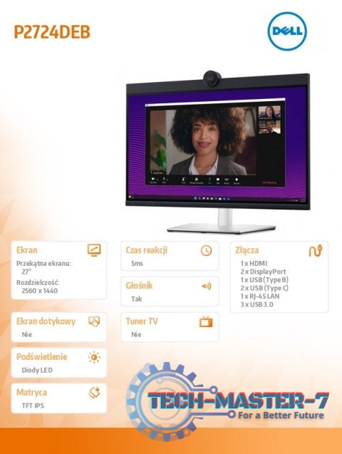 Monitor P2724DEB 27 cali LED IPS QHD (2560x1440)/16:9/HDMI/DP/RJ-45/Kamera/Głośniki/Mikrofon/3YPPG Monitor P2724DEB 27 cali LED IPS QHD (2560x1440)/16:9/HDMI/DP/RJ-45/Kamera/Głośniki/Mikrofon/3YPPG