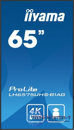 Monitor 65 cali LH6575UHS-B1AG 24/7,IPS,ANDROID.11,4K,500cd/m2,WiFi,3xHDMI,DP,Daisy/Chain,2xUSB,2x10W,RJ45,iiSignage2,FailOver,S