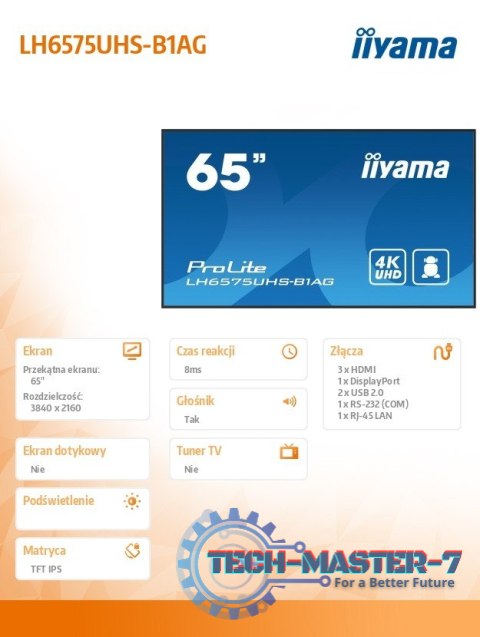 Monitor 65 cali LH6575UHS-B1AG 24/7,IPS,ANDROID.11,4K,500cd/m2,WiFi,3xHDMI,DP,Daisy/Chain,2xUSB,2x10W,RJ45,iiSignage2,FailOver,S Monitor 65 cali LH6575UHS-B1AG 24/7,IPS,ANDROID.11,4K,500cd/m2,WiFi,3xHDMI,DP,Daisy/Chain,2xUSB,2x10W,RJ45,iiSignage2,FailOver,S
