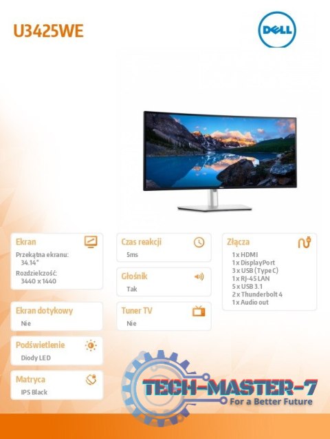 Monitor U3425WE 34.14 cala IPS Black/Curved/120Hz/WQHD/3440x1440/21:9/HDMI/DP/Thunderbolt/USB-C/USB/RJ-45/Speakers/3Y AES&PPG Monitor U3425WE 34.14 cala IPS Black/Curved/120Hz/WQHD/3440x1440/21:9/HDMI/DP/Thunderbolt/USB-C/USB/RJ-45/Speakers/3Y AES&PPG