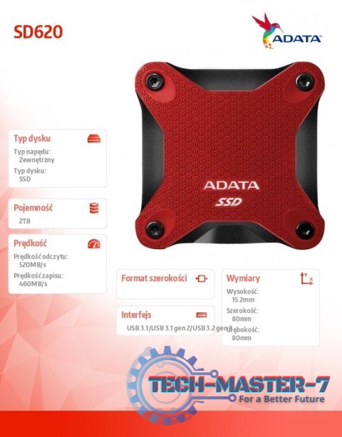 Zewnętrzny dysk SSD SD620 2TB U3.2A 520/460 MB/s Red Zewnętrzny dysk SSD SD620 2TB U3.2A 520/460 MB/s Red